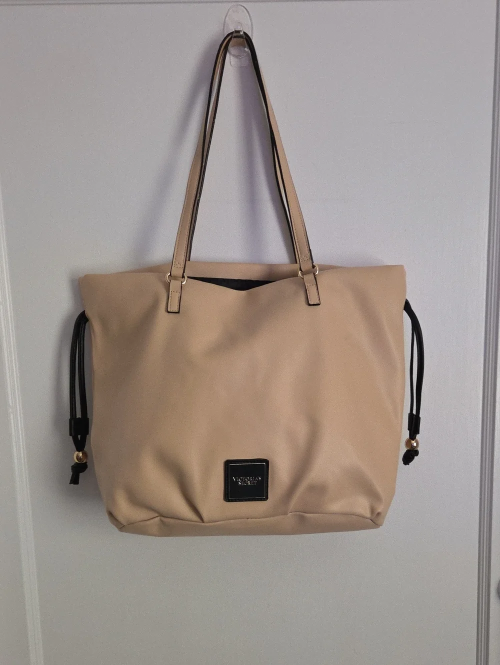 Victoria's Secret Beige Tote Bag/ Purse with Black Draw Cord. New/ Never Used